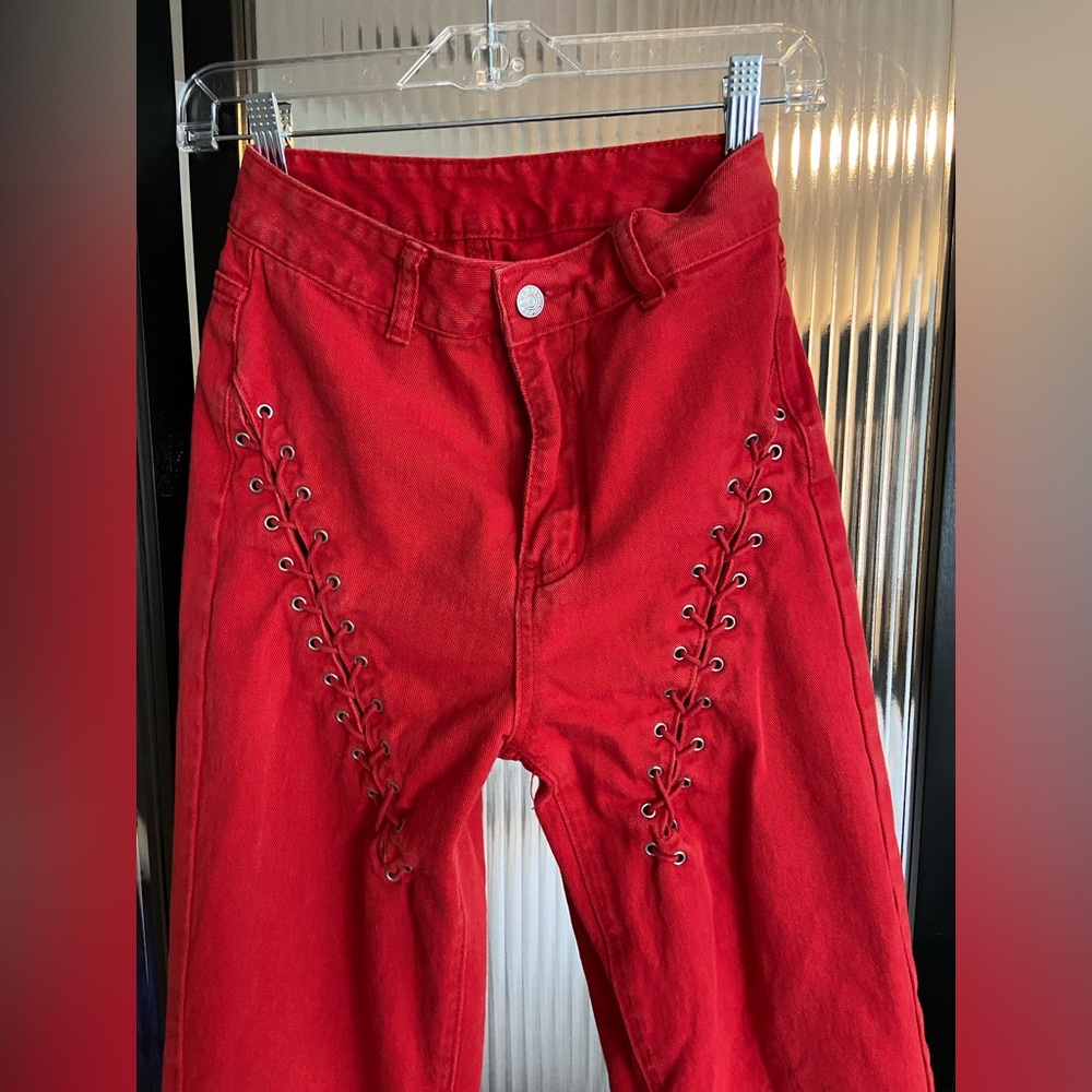 Red denim lace up jeans